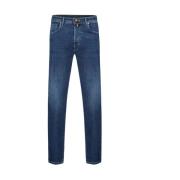 Slim-Cut Stretch Jeans met Leren Patch Incotex , Blue , Heren