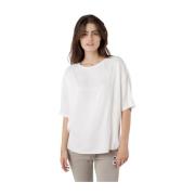 Satijnen Blouse met Ronde Hals en Korte Mouwen 10Days , White , Dames