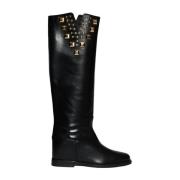 Zwarte leren enkellaarzen met gouden studs Via Roma 15 , Black , Dames