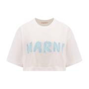 Katoenen T-Shirt met Frontaal Logo Marni , White , Dames
