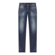 Blauwe katoenen jeans, stretch, donkere wassing, lage taille, rechte p...