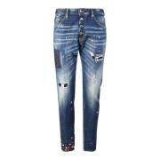 Blauwe Jeans met Gescheurde Details en Bloemenpatch Dsquared2 , Blue ,...