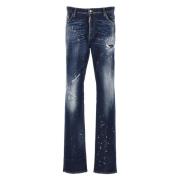 Marineblauwe Katoenen Straight Jeans met Contrasterende Kleurdetails D...