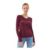 Slim Fit V-Hals Trui met Strass Logo Guess , Brown , Dames