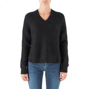 Regular Fit Zwarte V-hals Knitwear Replay , Black , Dames