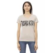 Beige Katoenen V-Hals T-Shirt met Voorkant Print Trussardi , Beige , D...