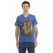 Blauw Katoenen V-Hals T-Shirt met Voorkant Print Trussardi , Blue , He...