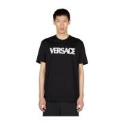 Katoenen Mesh Logo T-Shirt Versace , Black , Heren