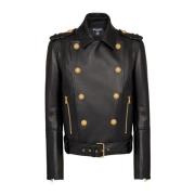 Double-breasted buttoned leather biker jacket Balmain , Black , Heren