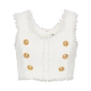 Mouwloze Tweed Crop Top met Gouden Details Balmain , White , Dames