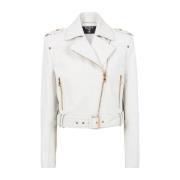 Cropped leather biker jacket Balmain , White , Dames