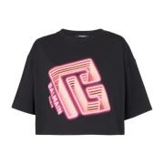 Crop T-shirt met neon bedrukt labyrintlogo Balmain , Black , Dames