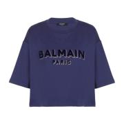 Kortgeknipt katoenen T-shirt met fluweelachtig metallic logo Balmain ,...