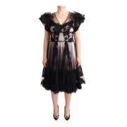 Zwart Roze Bloemen Kant A-lijn Midi Sheer Jurk Dolce & Gabbana , Black...