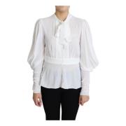 Stijlvolle Witte Blouse met Ascot Kraag en Lantaarnmouwen Dolce & Gabb...