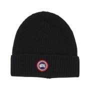 Zwarte Ribgebreide Muts met Logo Canada Goose , Black , Heren