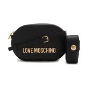 Zwarte schoudertas met metalen logo belettering Love Moschino , Black ...