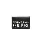 Zwarte leren portemonnee met wit logo print Versace Jeans Couture , Bl...