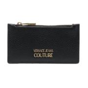 Zwarte Leren Kaarthouder met Metalen Logo Versace Jeans Couture , Blac...