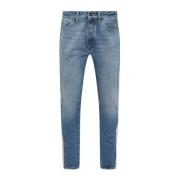 Slim Fit Blauwe Jeans met Vintage Effect en Crème/Beige Zijstrepen Pal...
