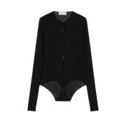 Zwarte Geribbelde Gebreide Body met Parelknoop Detail Sportmax , Black...