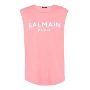 Zalm en wit katoenen T-shirt Balmain , Pink , Dames