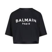 Zwart Logo T-shirt Crop Balmain , Black , Dames