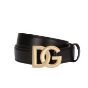 Zwarte Leren Riem met Gouden Logo Gesp Dolce & Gabbana , Black , Dames