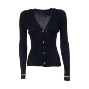 Blauwe Geribbelde Wollen Cardigan met Gouden Lurex Trim Max Mara Studi...