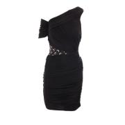 Zwarte gedrapeerde stretchviscose jurk met maanprint Marine Serre , Bl...
