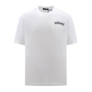 Katoenen T-Shirt met Logo Borduursel Versace , White , Heren