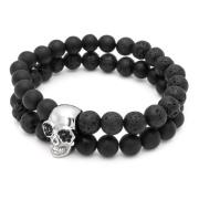 Double Beaded Bracelet with Matte Onyx, Lava Stone and Silver Skull Ni...