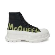 Zwarte Leren Graffiti Print Sneakers Alexander McQueen , Black , Heren