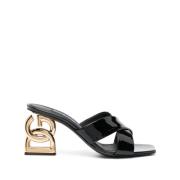 Zwarte Leren Muiltjes met Gouden Logo Dolce & Gabbana , Black , Dames