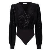 Velvet Sequin Bodysuit met Ruffled Sleeves MVP wardrobe , Black , Dame...