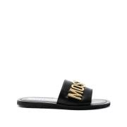 Zwarte Leren Sandalen met Gouden Logo Moschino , Black , Heren