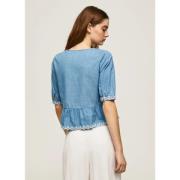 Denim V-Hals Blouse met Geborduurde Details Pepe Jeans , Blue , Dames