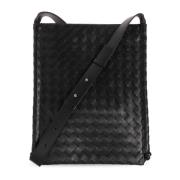 Grote schoudertas met platte lus Bottega Veneta , Black , Heren