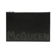 Zwarte Leren Clutch Tasmet Logo en Ritssluiting Alexander McQueen , Bl...