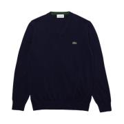 Blauwe Katoenen Trui met V-Hals en Geborduurd Logo Lacoste , Blue , He...