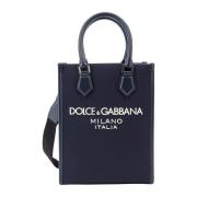 Geëmbosseerde Logo Nylon en Leren Handtas Dolce & Gabbana , Blue , Her...