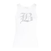 Witte Ribgebreide Tanktop met Strass-Logo Blumarine , White , Dames