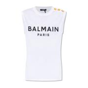 Mouwloos T-shirt met logo Balmain , White , Dames