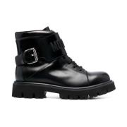 Leren veterschoenen met reliëflogo Moschino , Black , Heren