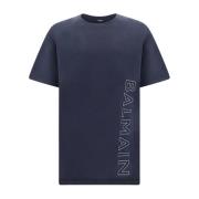 Blauw Katoenen T-Shirt met Logodetail Balmain , Blue , Heren