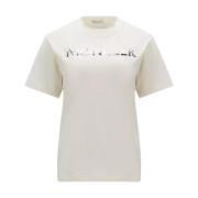 Witte Geribbelde T-shirts en Polos met Paillet Logo Moncler , White , ...
