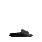 Zwarte Leren Zwembad Slides met Logo Off White , Black , Heren
