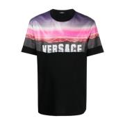 Zwarte Jersey Katoenen T-shirt met Versace Hills Print Versace , Black...