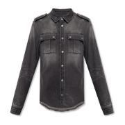 Katoenen Denim Overhemd met Franje Afwerking Balmain , Black , Heren