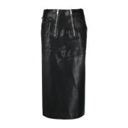 Vintage Zwarte Leren Midi Rok met Drukknop en Dubbele Rits Prada , Bla...